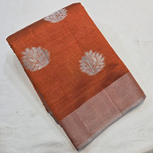 Rust Orange Tussar Fancy Saree with Silver Zari Checks & Striped Pallu