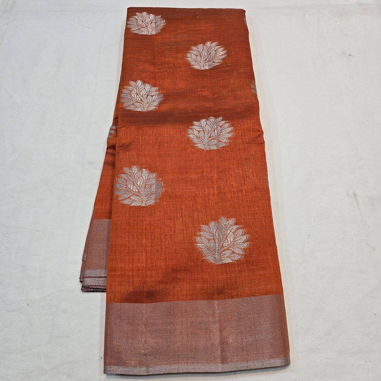 Rust Orange Tussar Fancy Saree with Silver Zari Checks & Striped Pallu