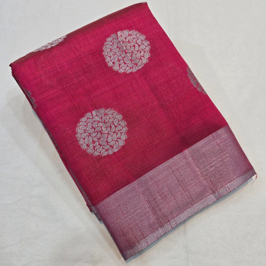 Dark Pink Tussar Fancy Saree with Silver Zari Checks & Striped Pallu