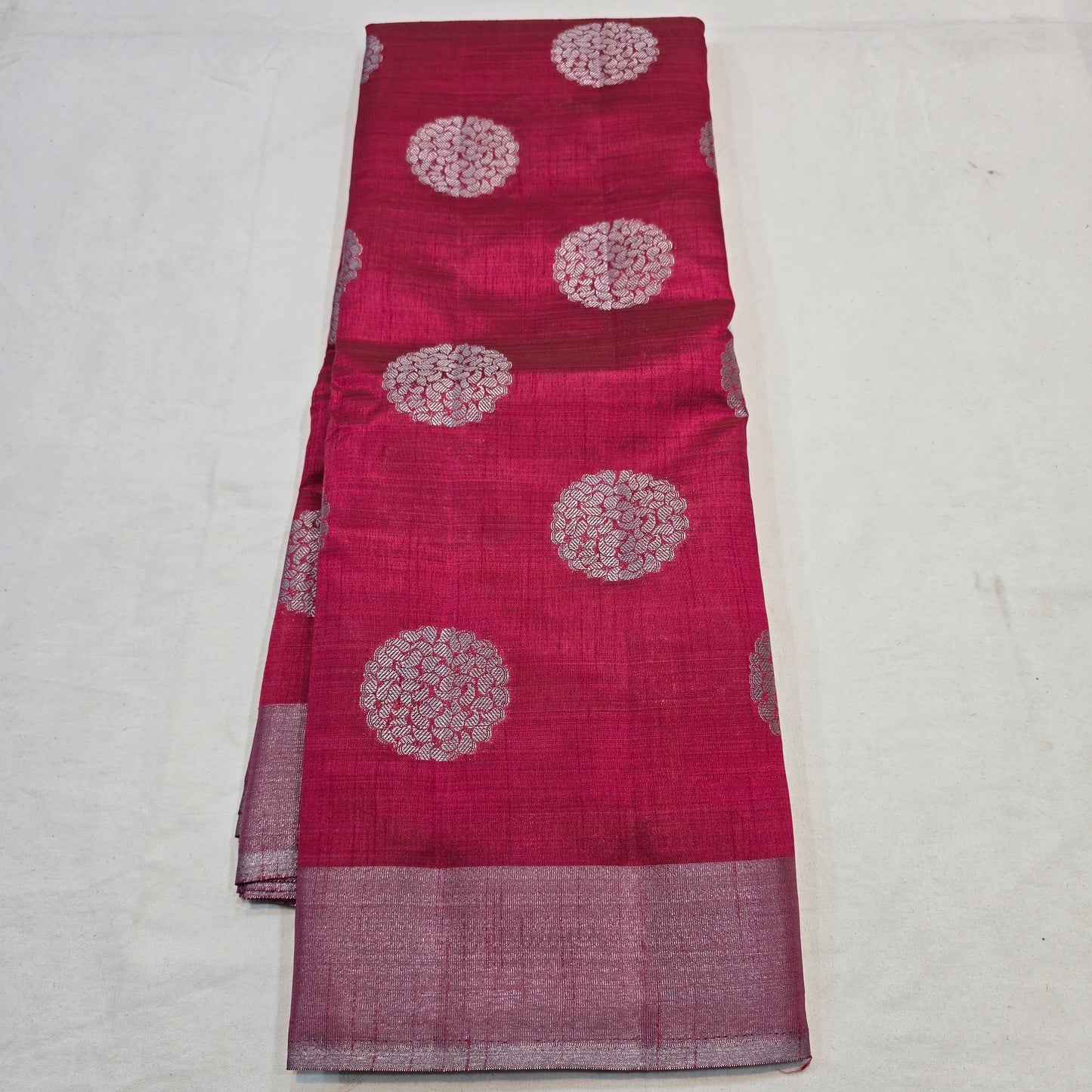 Dark Pink Tussar Fancy Saree with Silver Zari Checks & Striped Pallu