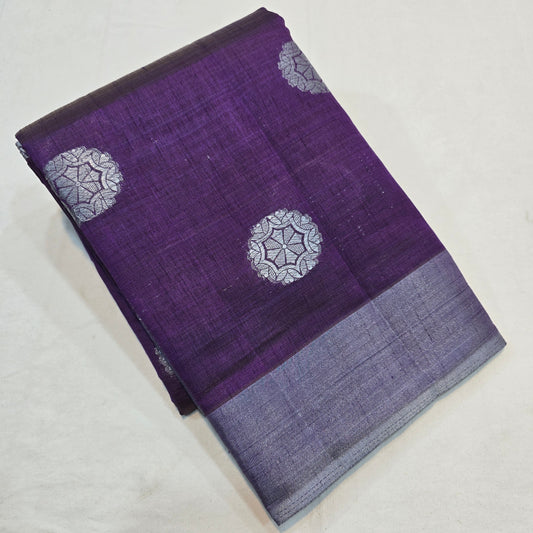 Violet Tussar Fancy Saree with Silver Zari Checks & Striped Pallu