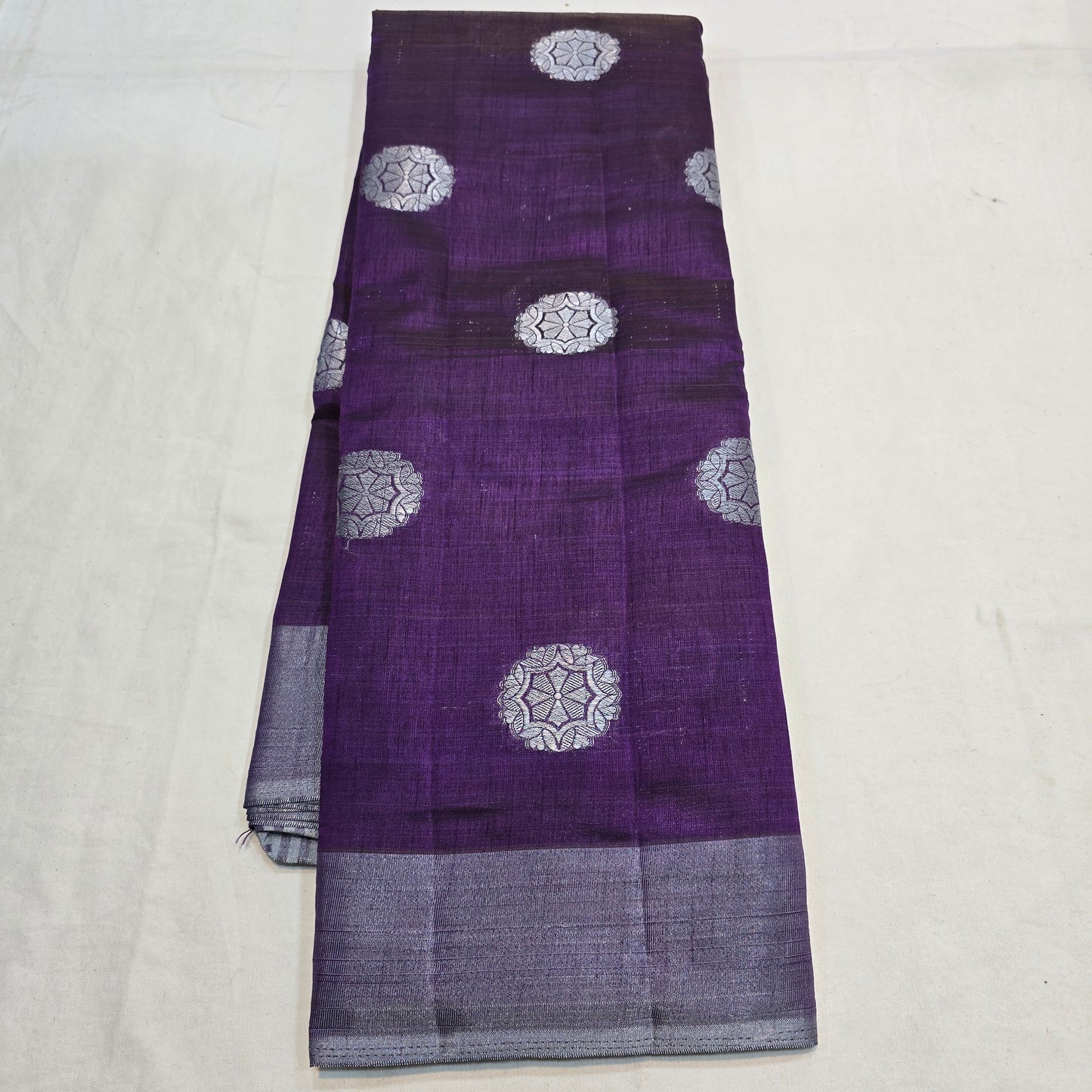 Violet Tussar Fancy Saree with Silver Zari Checks & Striped Pallu