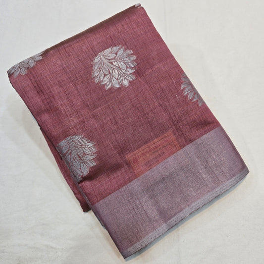 Honey Colour Tussar Fancy Saree with Silver Zari Checks & Striped Pallu