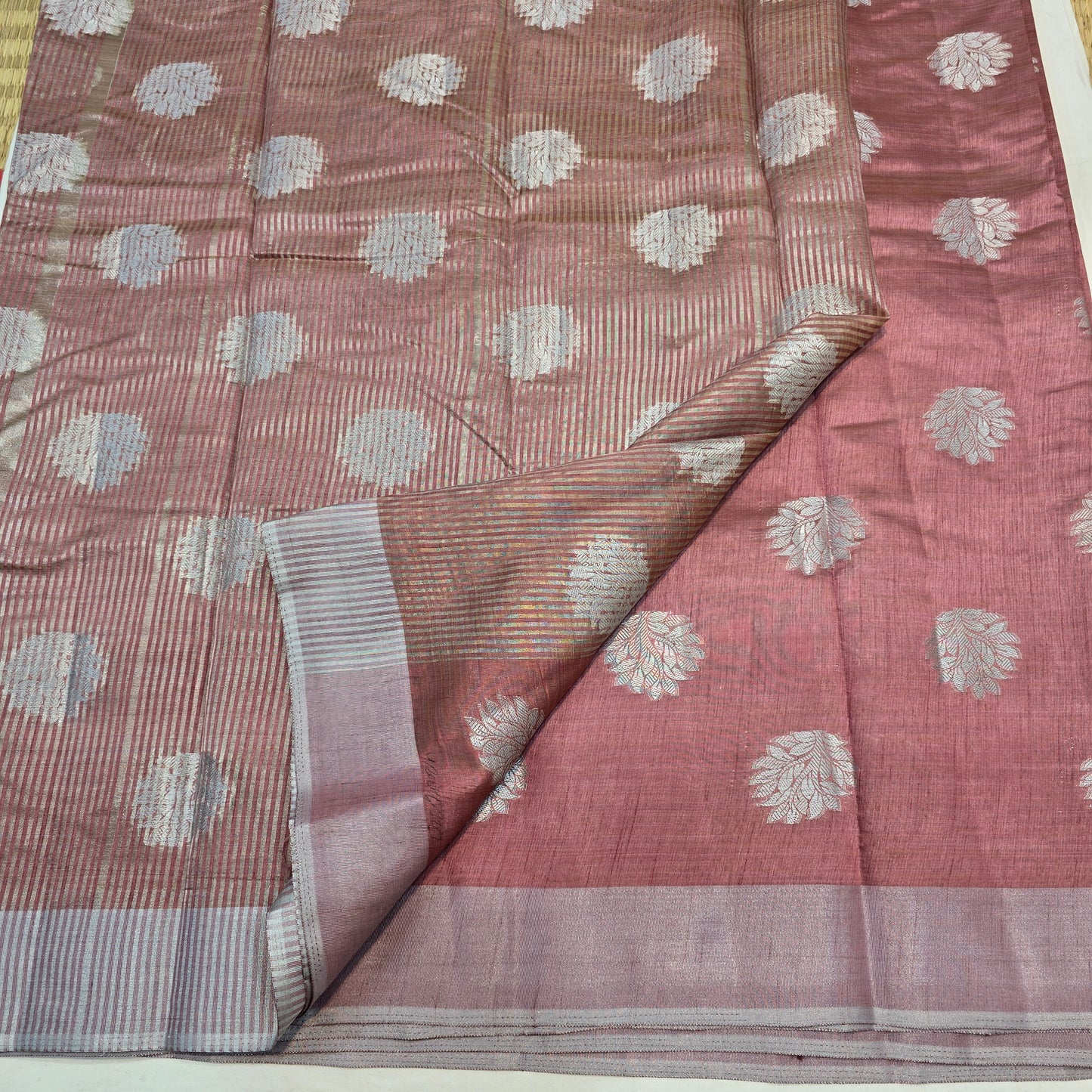 Honey Colour Tussar Fancy Saree with Silver Zari Checks & Striped Pallu