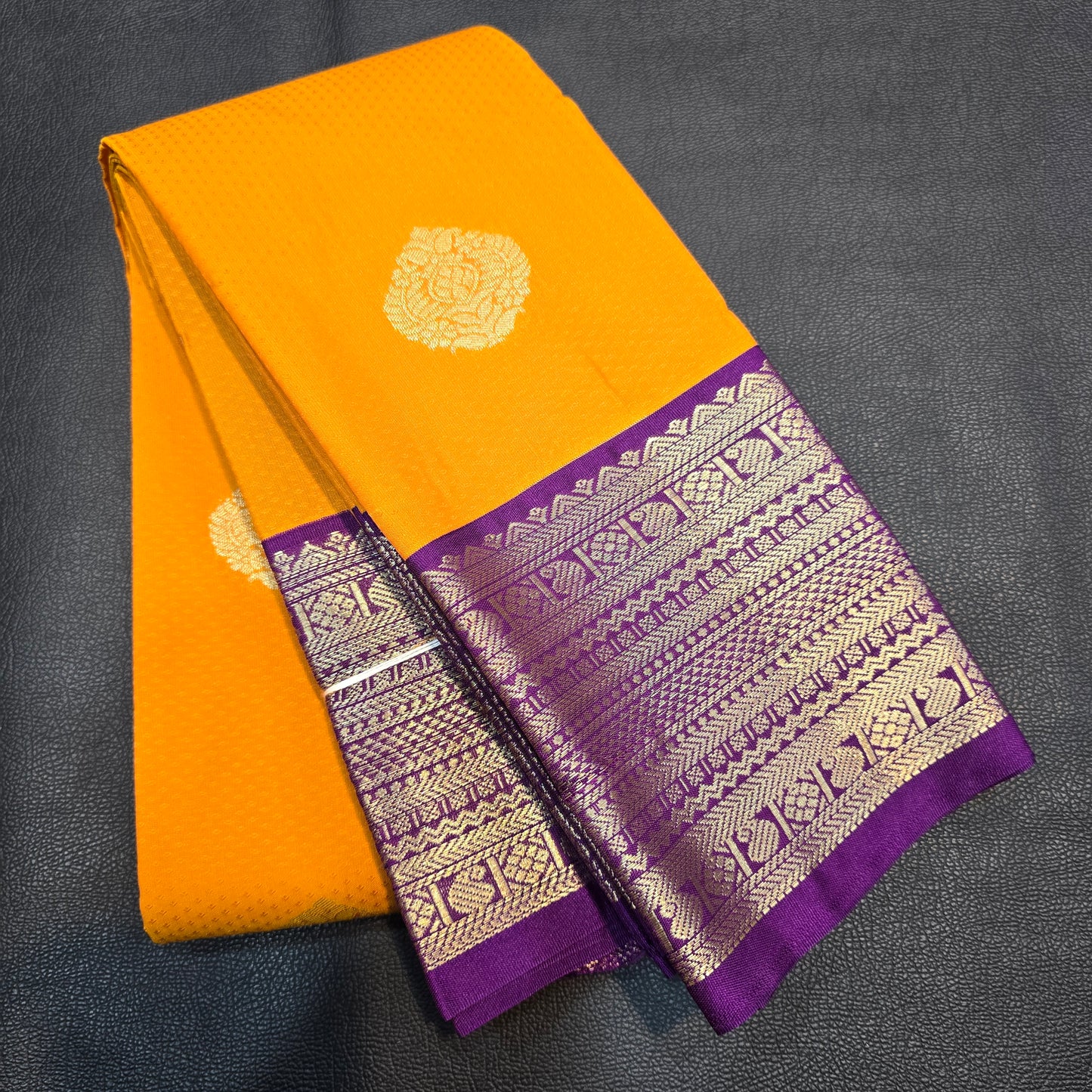 Sunset Orange Semi Silk Saree with Royal Purple Zari Border