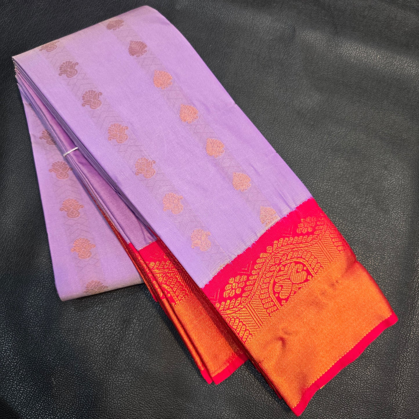 Lavender Elegance Kanchipuram Semi Silk Saree with Rich Pink & Gold Zari Border