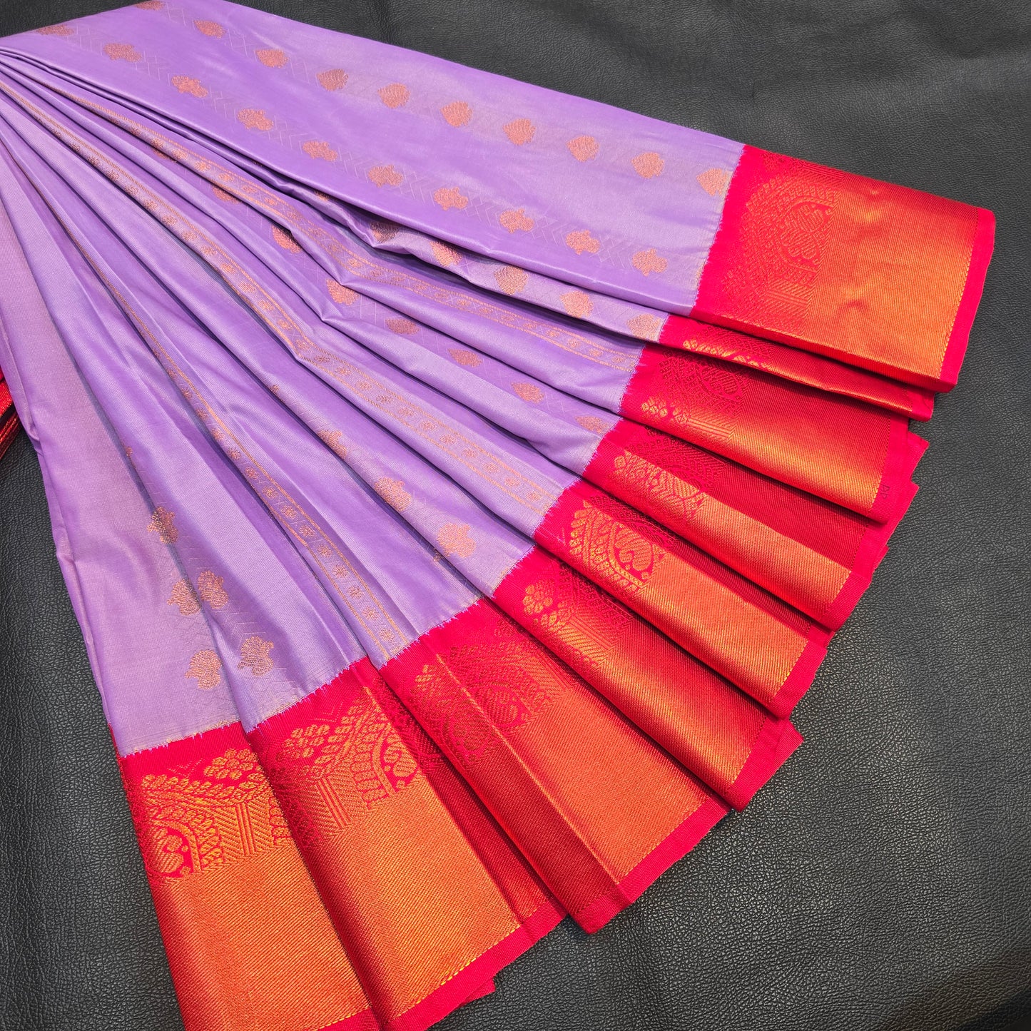 Lavender Elegance Kanchipuram Semi Silk Saree with Rich Pink & Gold Zari Border