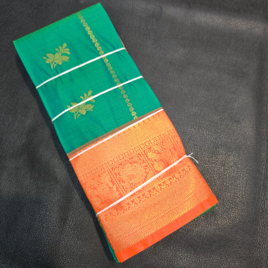 Emerald Green Kanchipuram Semi Silk Saree with Grand Orange Gold Zari Border