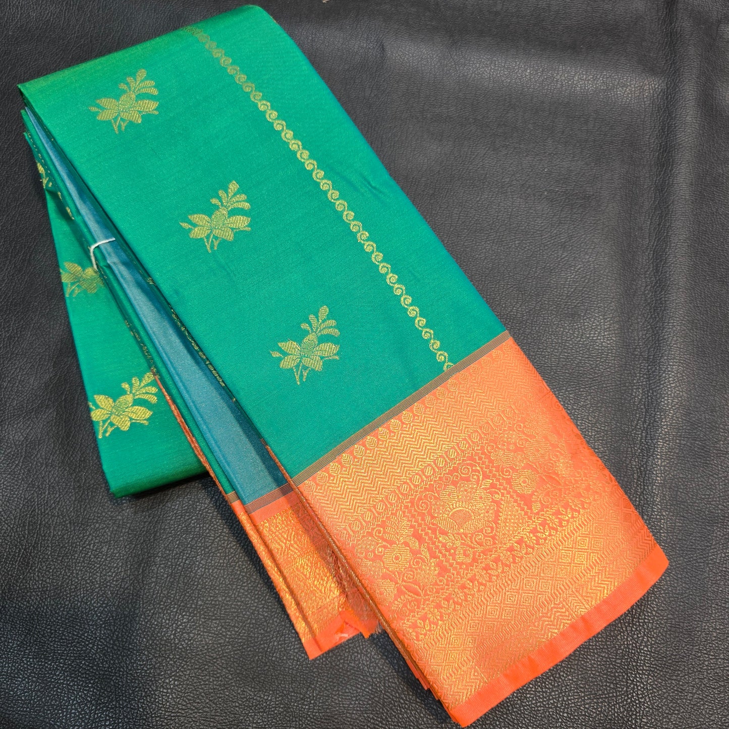 Emerald Green Kanchipuram Semi Silk Saree with Grand Orange Gold Zari Border