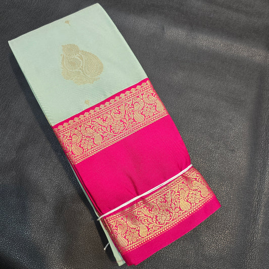 Pastel Mint Green Kanchipuram Semi Silk Saree with Rich Rani Pink Zari Border