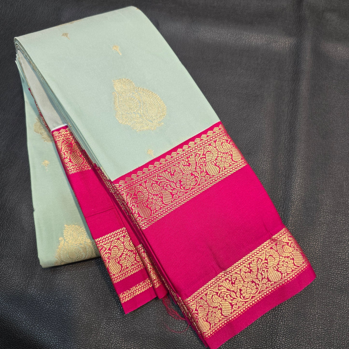 Pastel Mint Green Kanchipuram Semi Silk Saree with Rich Rani Pink Zari Border