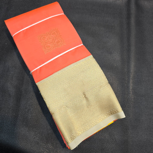 Coral Orange Kanchipuram Semi Silk Saree with Grand Antique Gold Zari Border