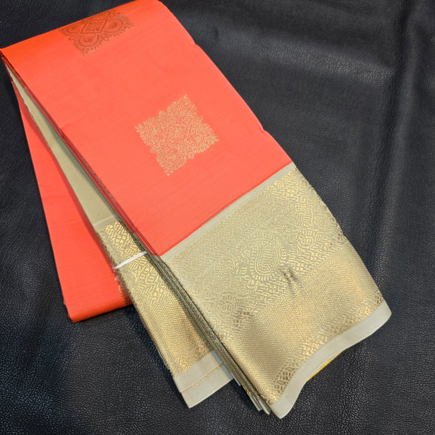 Coral Orange Kanchipuram Semi Silk Saree with Grand Antique Gold Zari Border