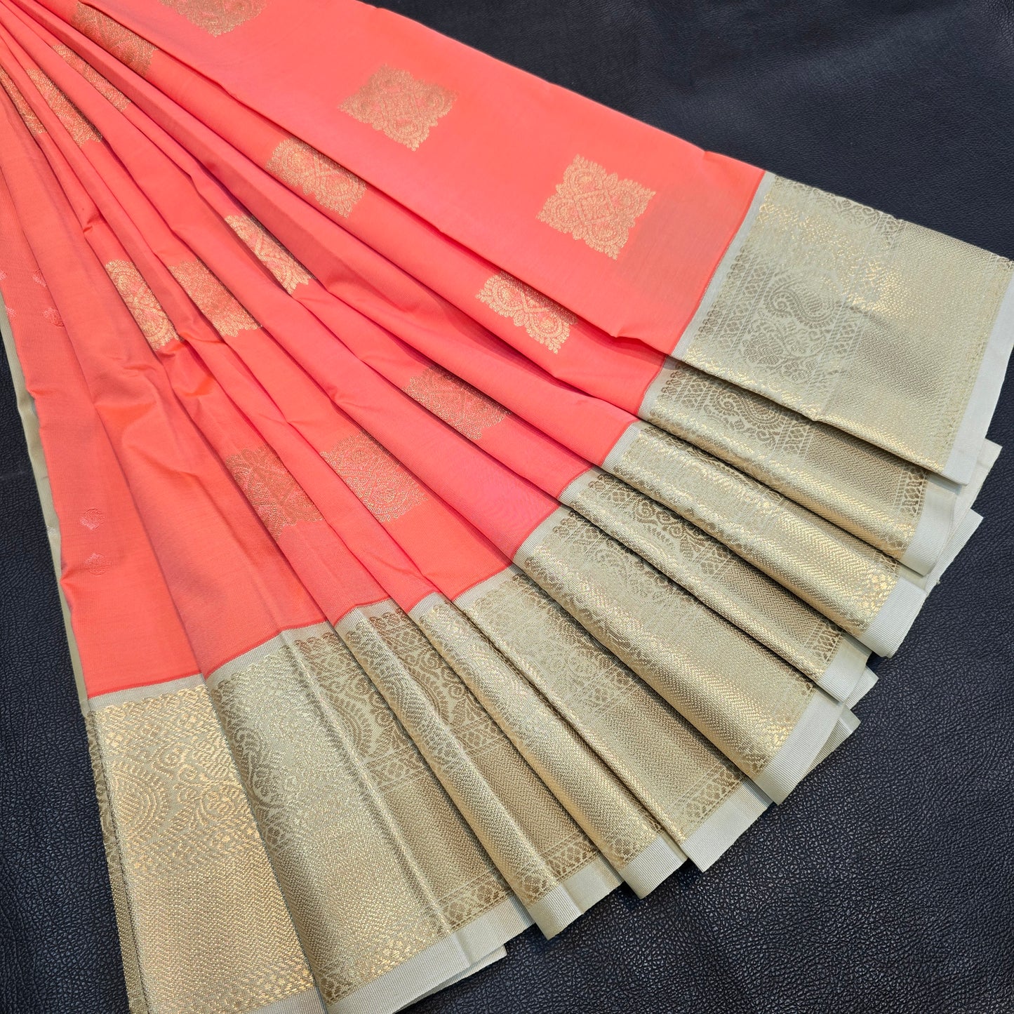 Coral Orange Kanchipuram Semi Silk Saree with Grand Antique Gold Zari Border