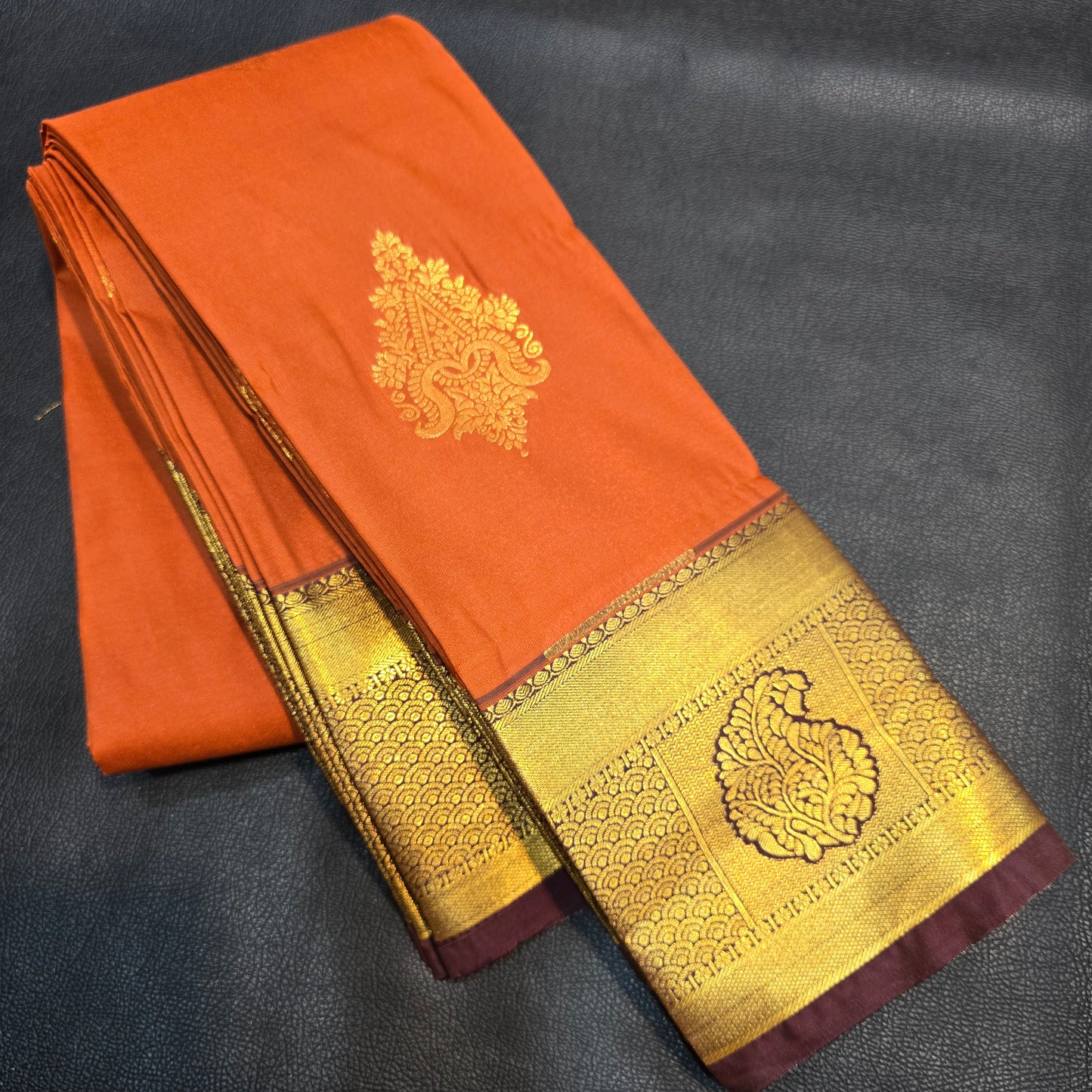 Rust Orange Kanchipuram Semi Silk Saree with Grand Gold Zari Border
