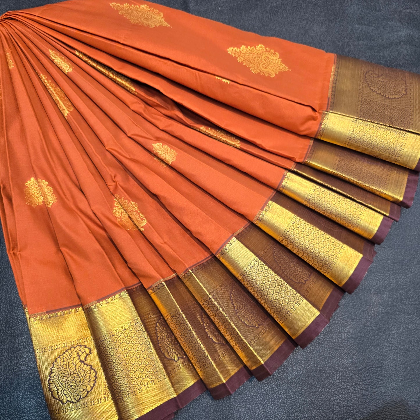 Rust Orange Kanchipuram Semi Silk Saree with Grand Gold Zari Border