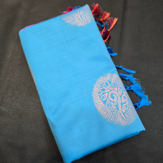 Sky Blue & Rani Pink Designer Semi Silk Saree with Rich Gold Zari Border
