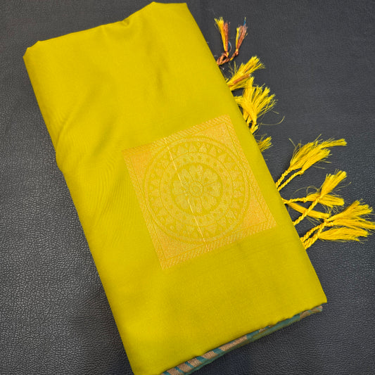 Parrot Green & Peacock Blue Semi Silk Saree with Rich Gold Zari Pallu