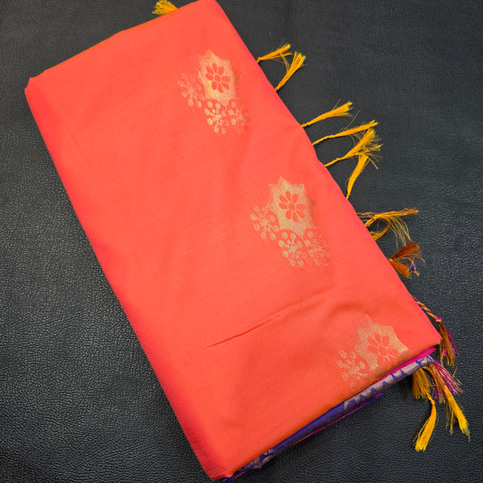 Coral Peach & Royal Blue Semi Silk Saree with Rich Silver Zari Pallu | Elegant Wedding
