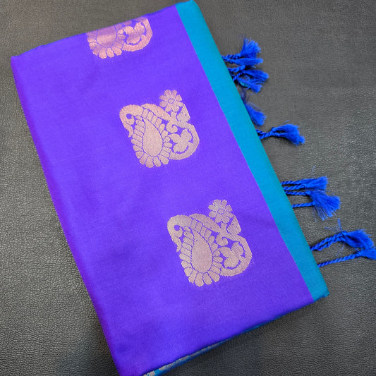 Royal Purple & Teal Blue Semi Silk Saree with Rich Gold Zari Brocade Pallu | Wedding
