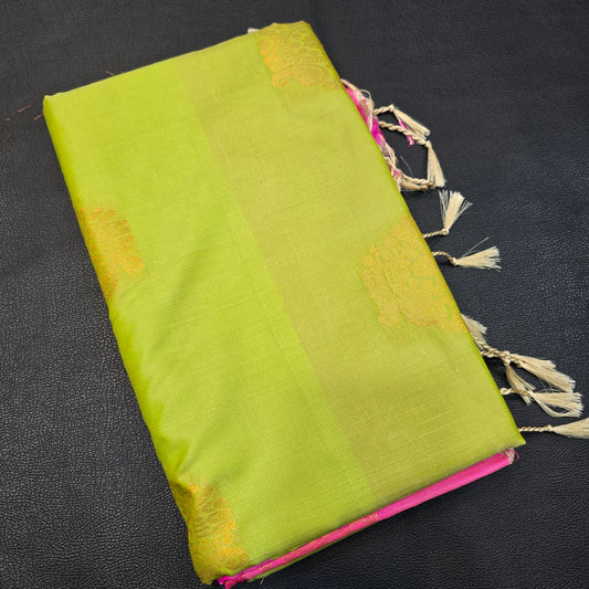 Parrot Green & Rani Pink Semi Silk Saree with Gold Zari Butta | Traditional Wedding & Festive Wear