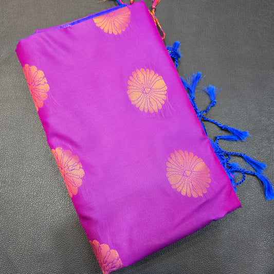 Magenta Pink & Royal Blue Semi Silk Saree with Rich Gold Zari Floral Weaving | Wedding & Festive Wear