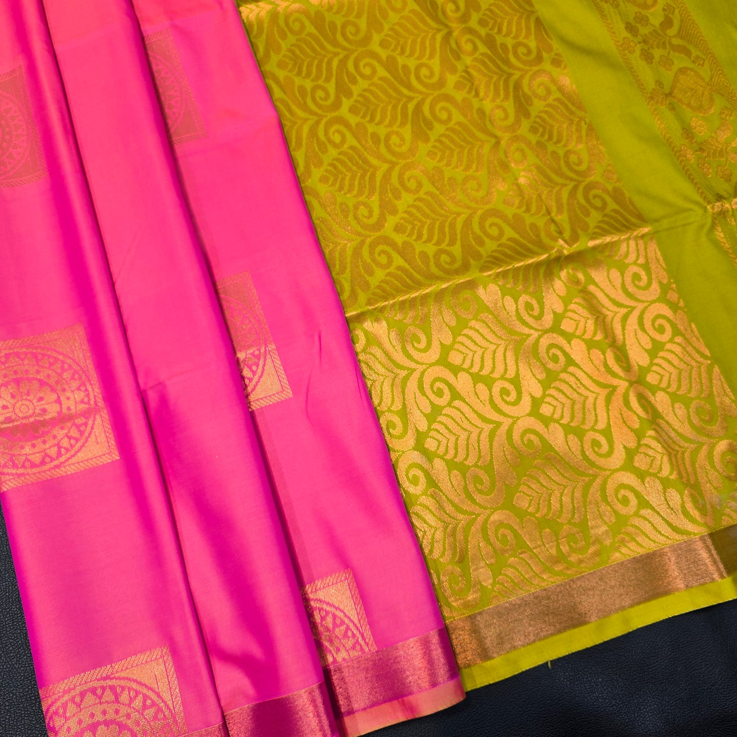 Hot Pink & Parrot Green Semi Silk Saree with Rich Gold Zari Brocade Pallu | Festive & Wedding Wear