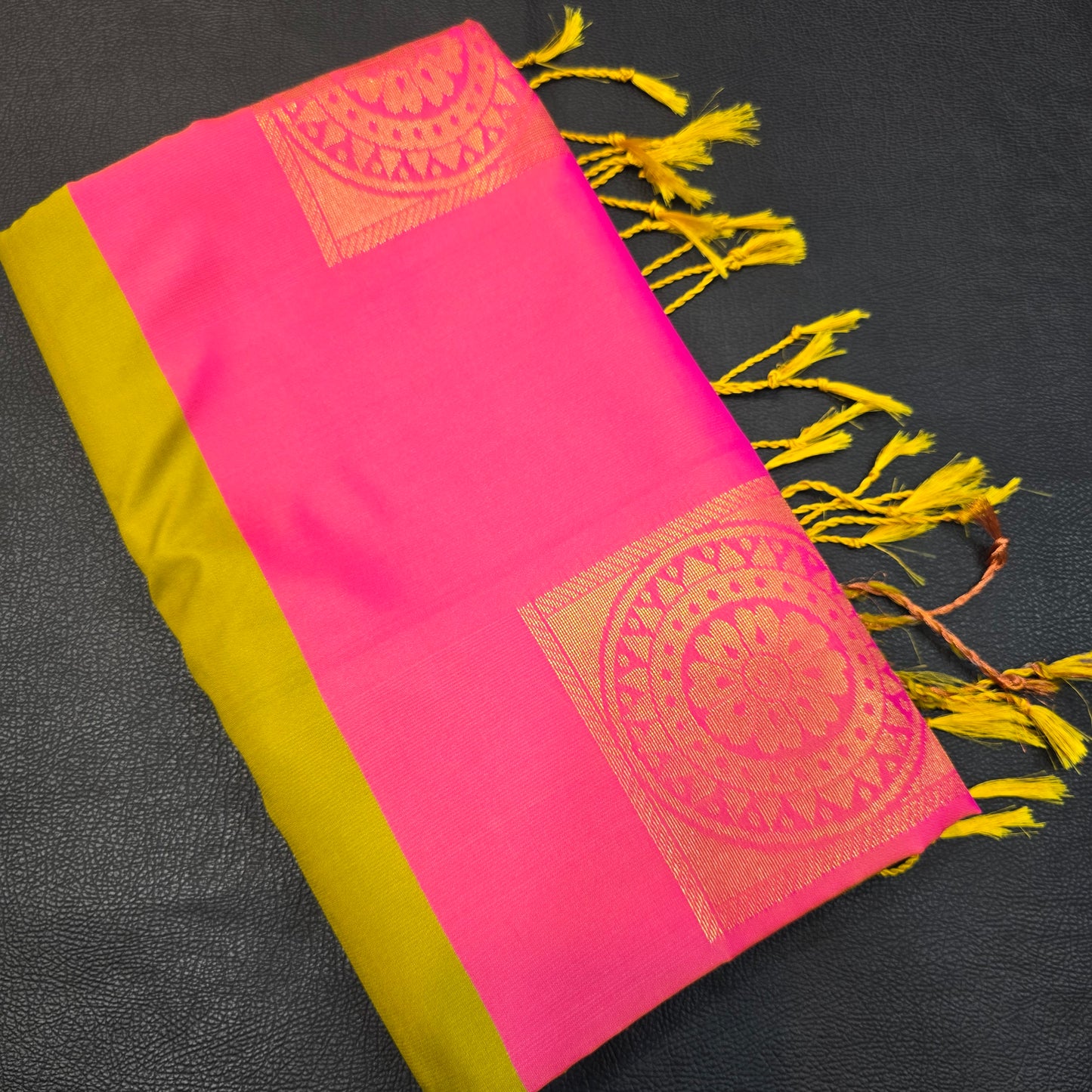 Hot Pink & Parrot Green Semi Silk Saree with Rich Gold Zari Brocade Pallu | Festive & Wedding Wear