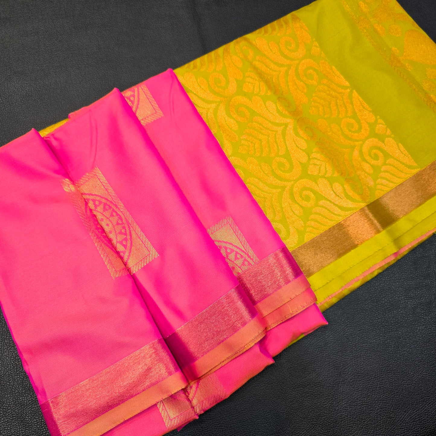 Hot Pink & Parrot Green Semi Silk Saree with Rich Gold Zari Brocade Pallu | Festive & Wedding Wear