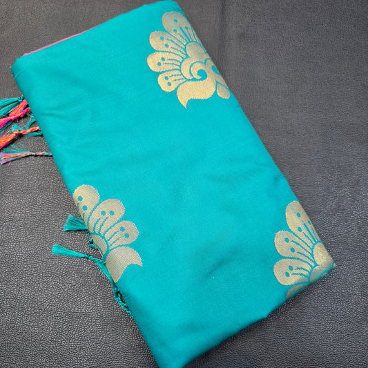 Royal Peacock Teal & Magenta Semi-Silk Saree with Antique Gold Zari Buttas and Rich Pallu