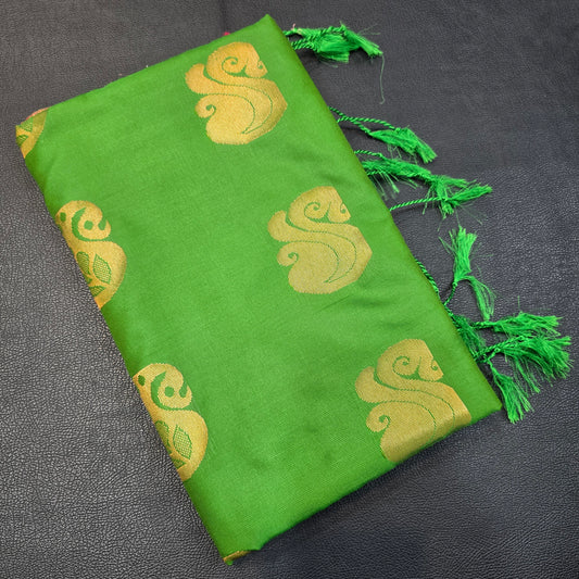 Vibrant Leaf Green Semi-Silk Saree with Copper-Zari Swan Buttas and Ornate Geometric Pallu