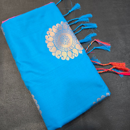 Sky Blue Semi-Silk Saree with Magenta Contrast – Ornate Silver Zari Mandalas & Intricate Pallu