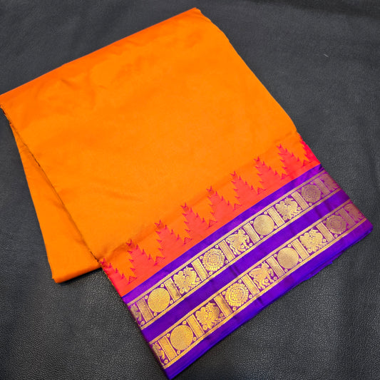 10 YARDS Pure Silk Orange & Royal Purple Kanchipuram Saree with Traditional Zari Border