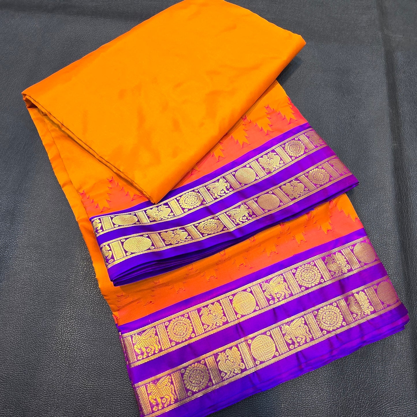 10 YARDS Pure Silk Orange & Royal Purple Kanchipuram Saree with Traditional Zari Border