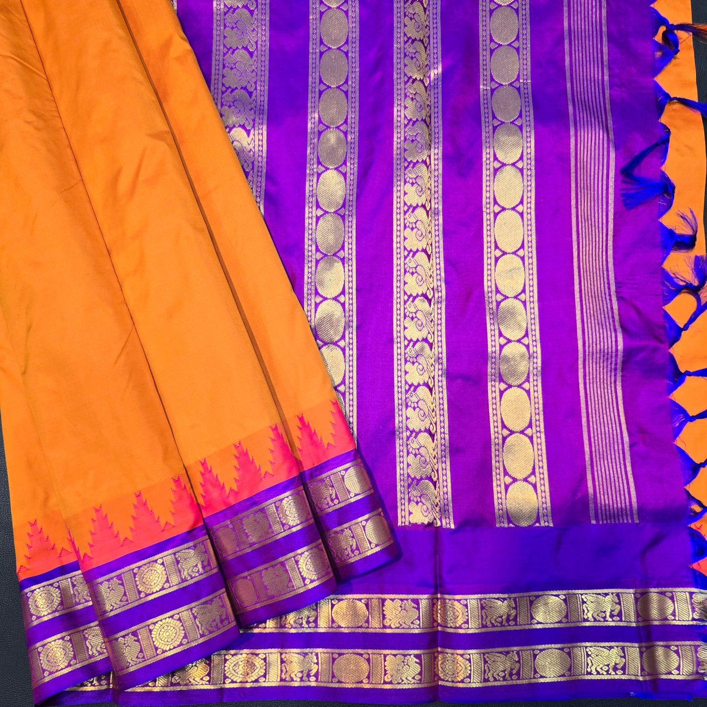 10 YARDS Pure Silk Orange & Royal Purple Kanchipuram Saree with Traditional Zari Border