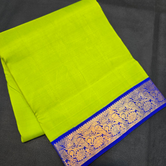 Kanchipuram Pure Silk 10-Yard Madisar Saree – Parrot Green and Royal Blue with Traditional Zari Annapakshi Pallu