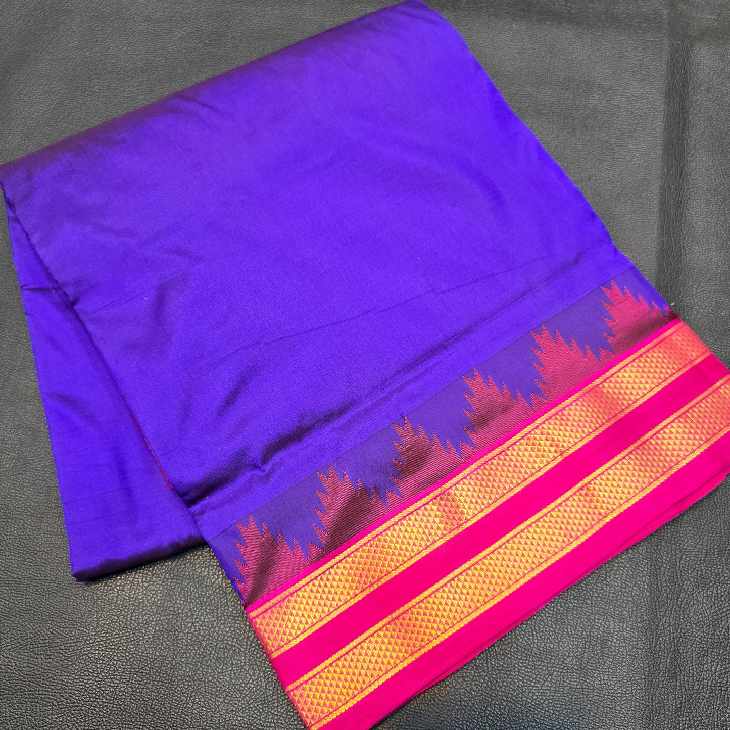 Authentic Kanchipuram Pure Silk 10-Yard Saree – Royal MS Blue and Rani Pink with Temple Border and Geometric Zari Pallu