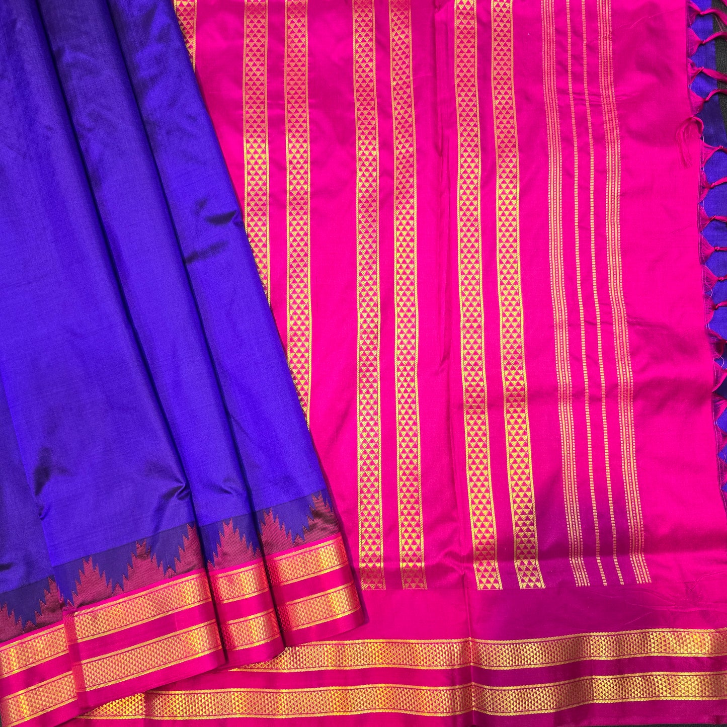 Authentic Kanchipuram Pure Silk 10-Yard Saree – Royal MS Blue and Rani Pink with Temple Border and Geometric Zari Pallu