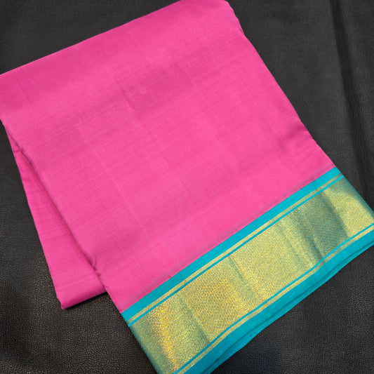 Handloom Kanchipuram Pure Silk 10-Yard Madisar Saree | Rani Pink & Turquoise Blue with Gold Zari