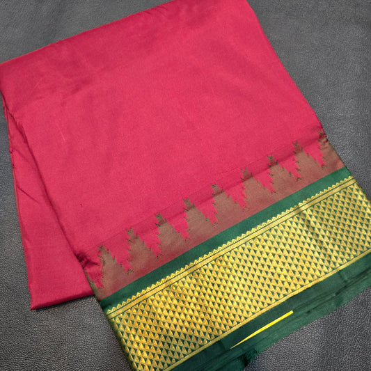 Authentic Kanchipuram Pure Silk 10-Yard Saree | Deep Maroon & Bottle Green with Temple Border & Gold Zari