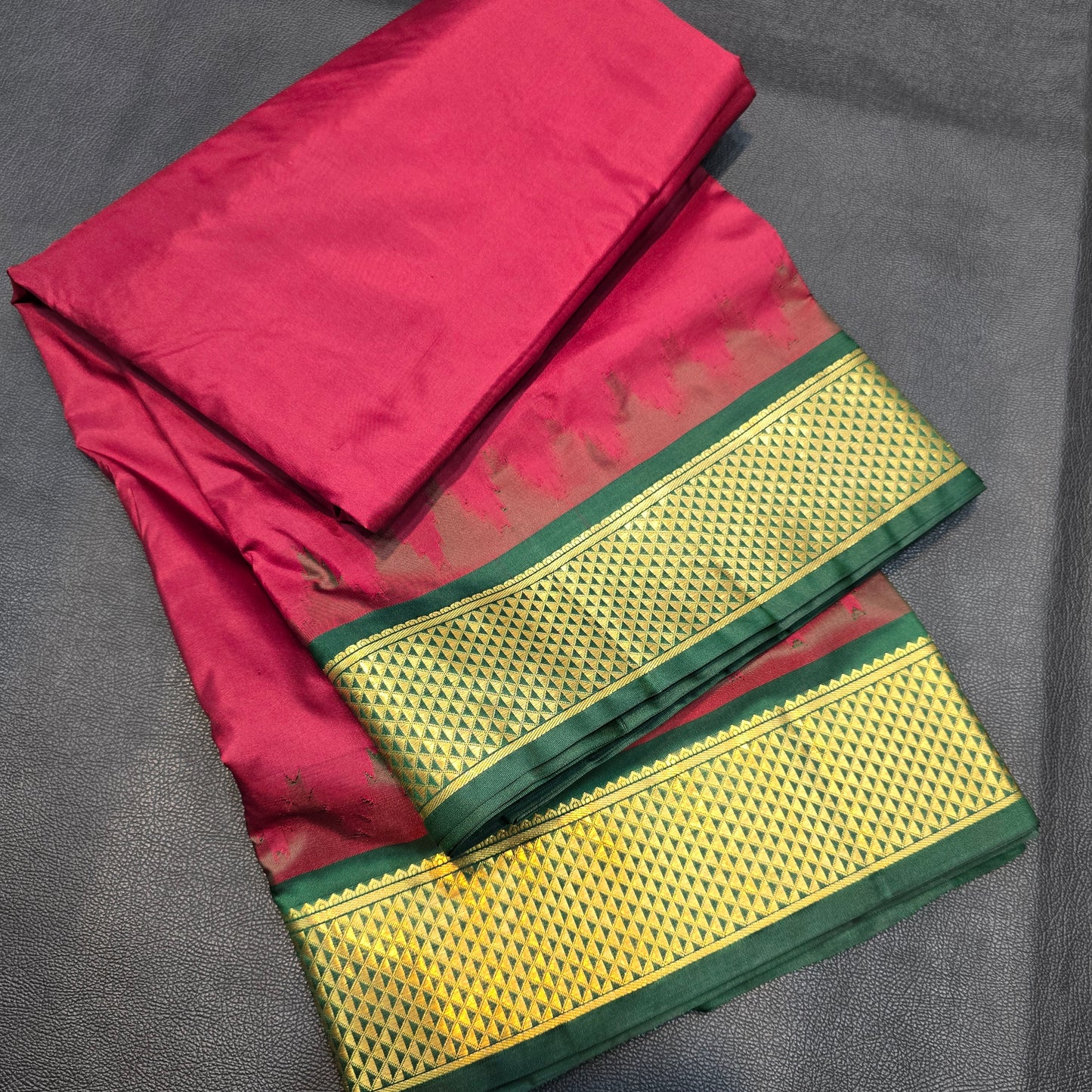 Authentic Kanchipuram Pure Silk 10-Yard Saree | Deep Maroon & Bottle Green with Temple Border & Gold Zari
