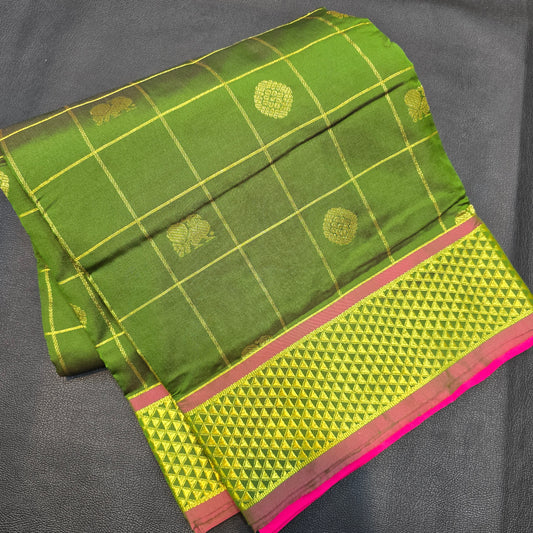 Kanchipuram Semi Silk 10 Yards Saree – Green & Pink Traditional Zari Border Wedding Saree