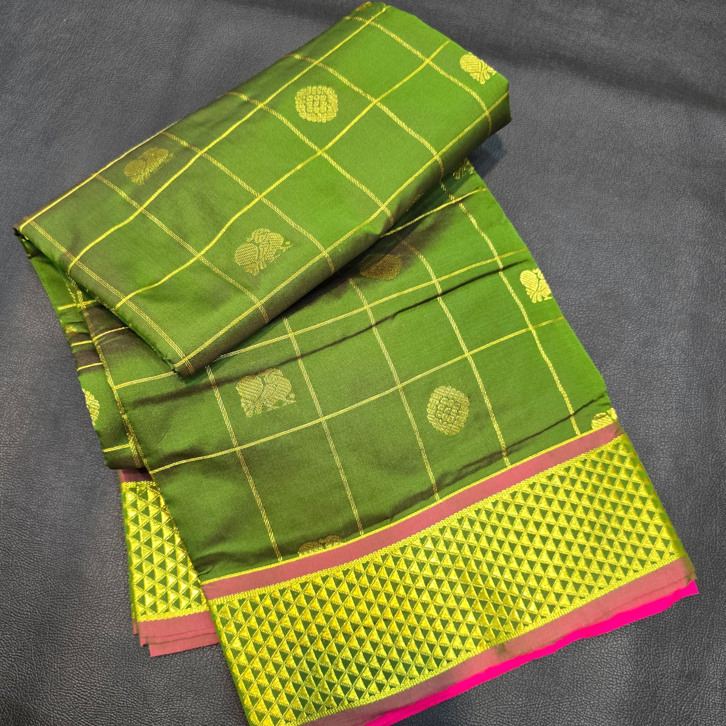 Kanchipuram Semi Silk 10 Yards Saree – Green & Pink Traditional Zari Border Wedding Saree