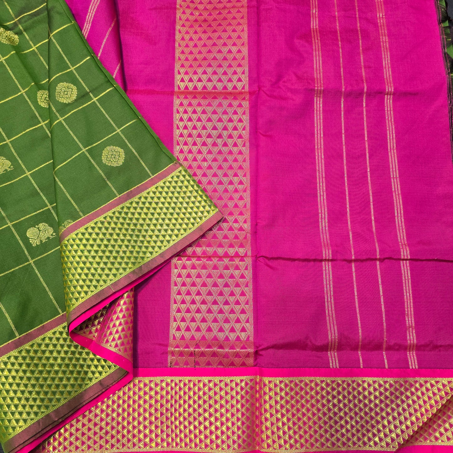Kanchipuram Semi Silk 10 Yards Saree – Green & Pink Traditional Zari Border Wedding Saree