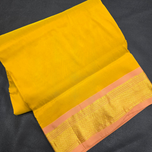 Kanchipuram Semi Silk 10 Yards Saree –  Mustard Yellow & Pink Contrast Zari Border Traditional Madisar Saree