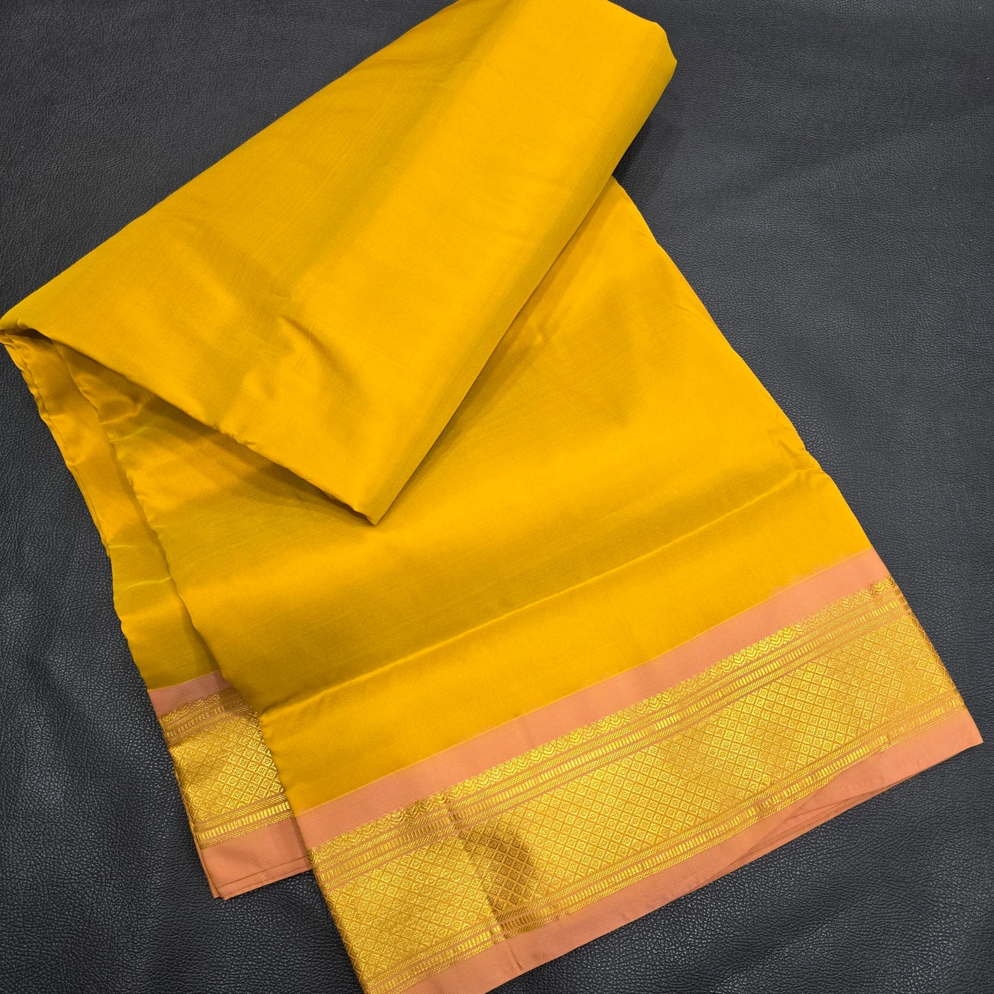 Kanchipuram Semi Silk 10 Yards Saree –  Mustard Yellow & Pink Contrast Zari Border Traditional Madisar Saree