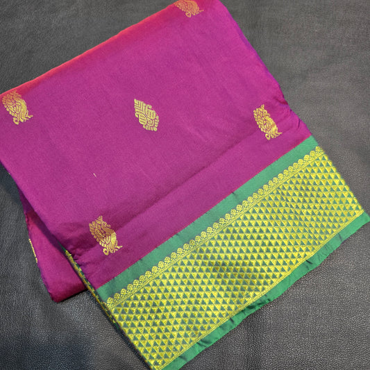 10 Yards Saree – Purple & Olive Green Contrast Zari Border Traditional Madisar Saree