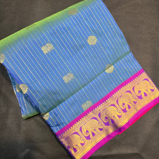 Kanchipuram Semi Silk 10 Yards Saree – Blue & Copper Contrast with Elephant Zari Border Traditional Madisar Saree