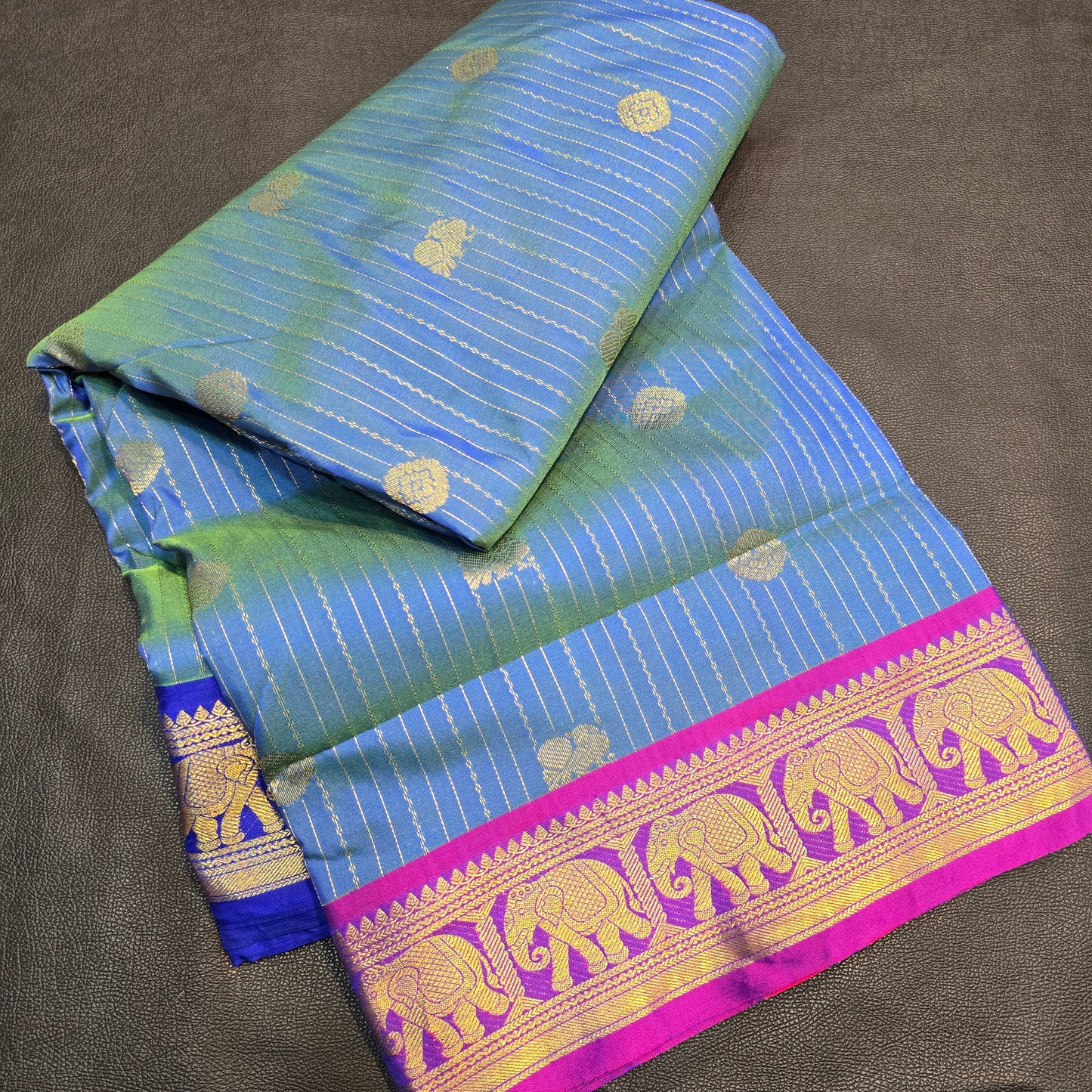 Kanchipuram Semi Silk 10 Yards Saree – Blue & Copper Contrast with Elephant Zari Border Traditional Madisar Saree