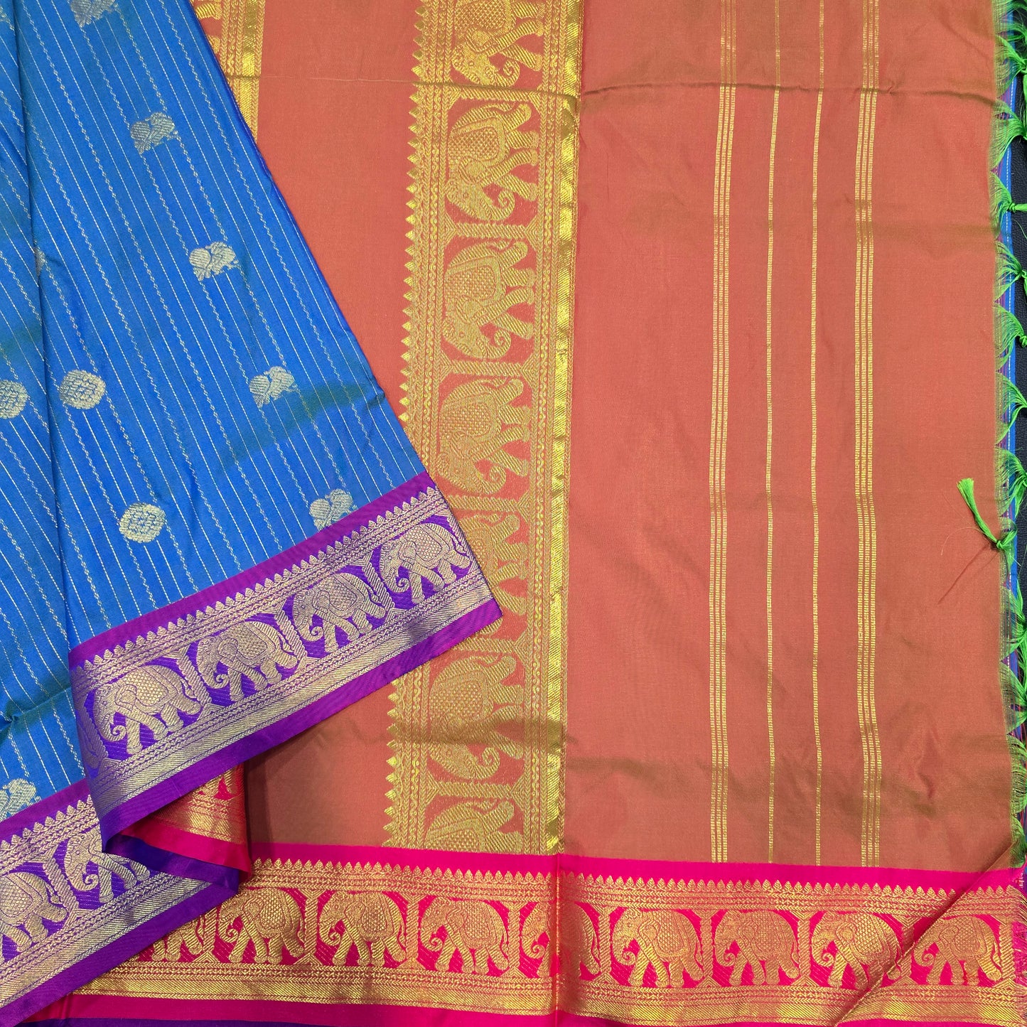 Kanchipuram Semi Silk 10 Yards Saree – Blue & Copper Contrast with Elephant Zari Border Traditional Madisar Saree